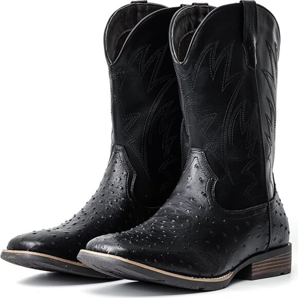 Cowboy Boots For Men Western Ostrich Wide Durable Fashionable Embroidered - Picture 1 of 5